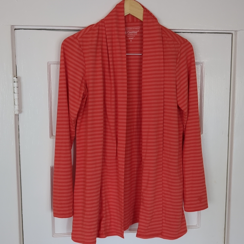 Coolibar Long Sleeve Cardigan Open Front UPF 50 Striped Orange Small